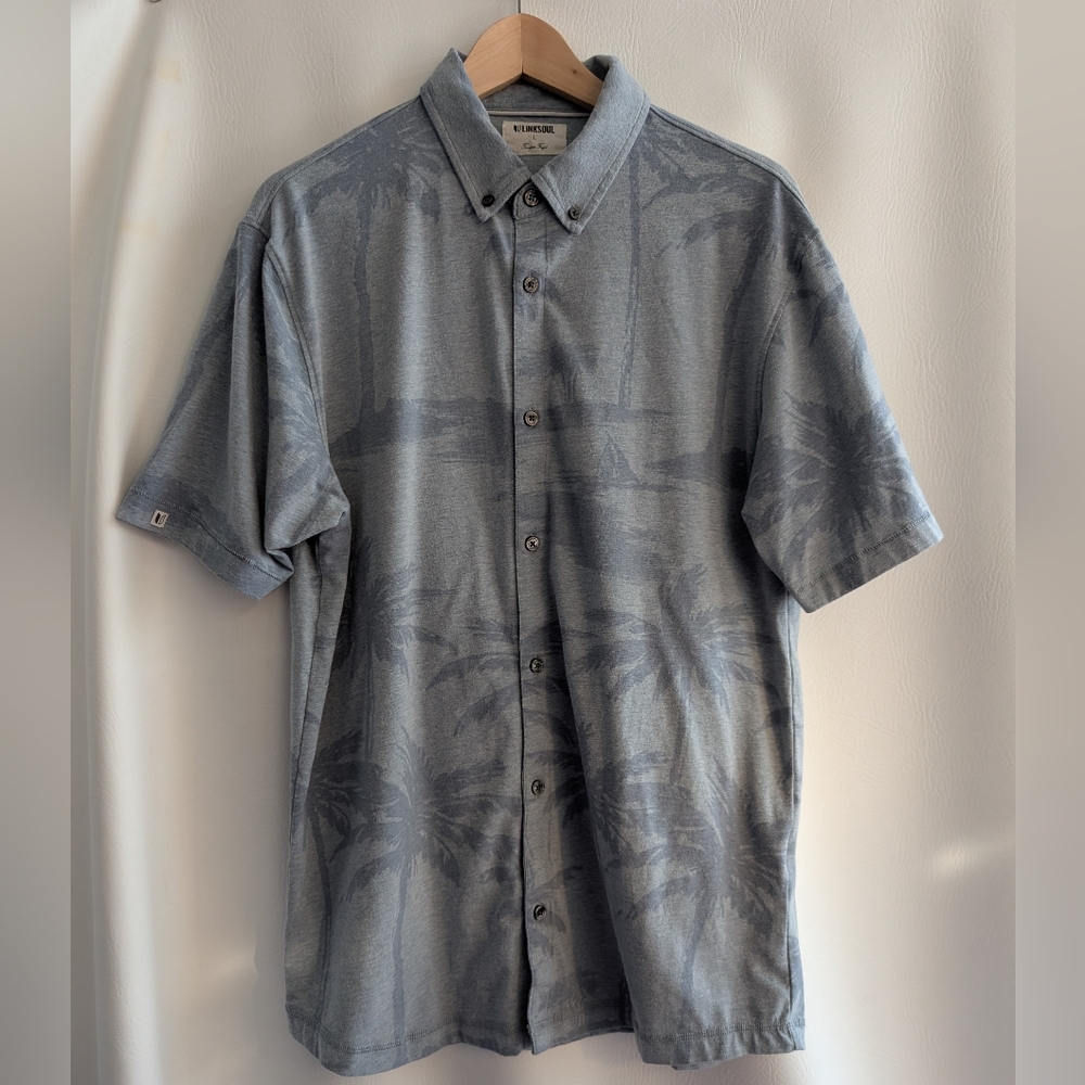 Linksoul Organic Cotton Jersey Palm Trees Print Button Down Golf Shirt  - L